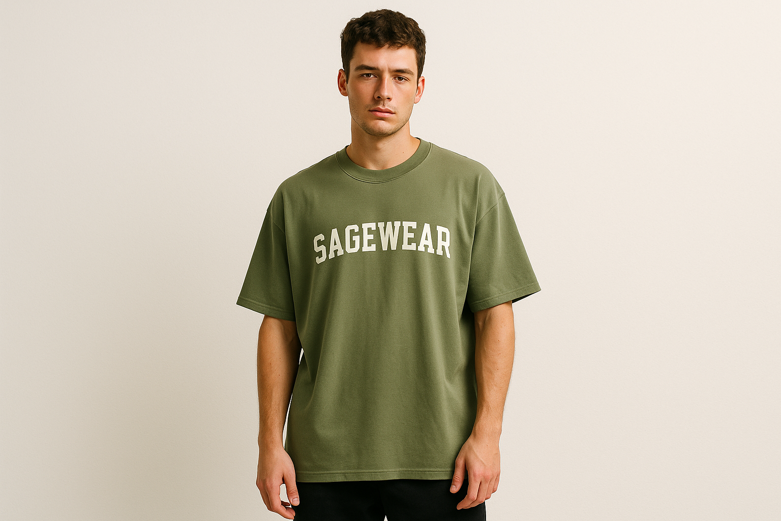 a guy wear a sgewear tee in oversize in olive  green color 